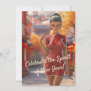 Exotic Toon Girl feiert chinesisches Neujahr Feiertagskarte