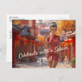 Exotic Toon Girl feiert chinesisches Neujahr Postkarte (Vorne/Hinten)