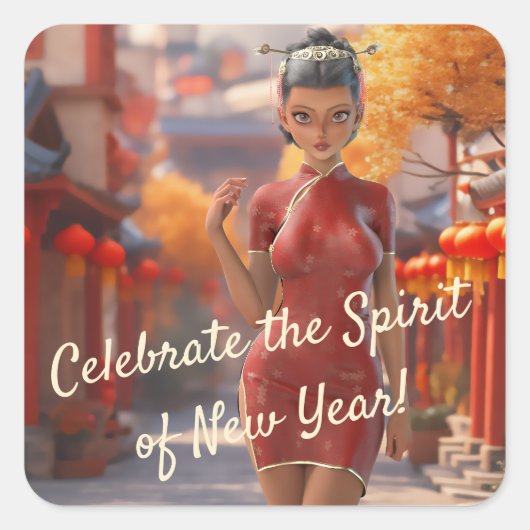 Exotic Toon Girl feiert chinesisches Neujahr Quadratischer Aufkleber (Vorderseite)