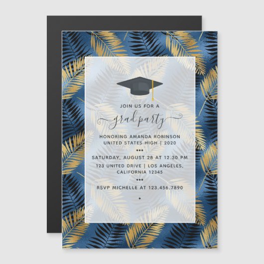 Exotic Tropical Blue and Gold Graduation Party Magneteinladung (Vorne/Hinten)