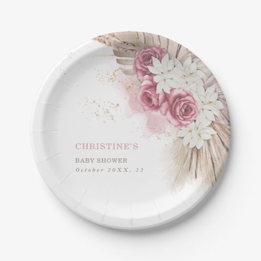 Exotic Tropical Boho Pink Roses Baby Duschpapier Pappteller (Vorderseite)