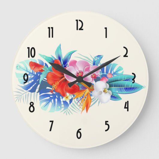 Exotic Tropical Flowers - Pink & Aquamarine Große Wanduhr (Vorderseite)