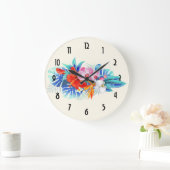 Exotic Tropical Flowers - Pink & Aquamarine Große Wanduhr (Zuhause)