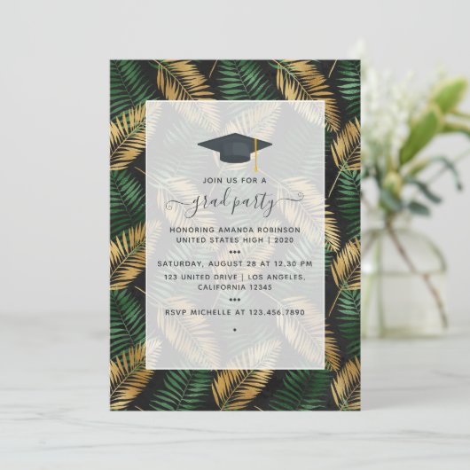 Exotic Tropical Green and Gold Graduation Party Einladung (Stehend Vorderseite)