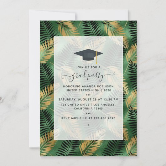 Exotic Tropical Green and Gold Graduation Party Einladung (Vorderseite)