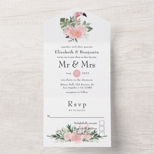 Exotic Tropical Pink Flamingo Wedding All In One Einladung (Innen Boden)