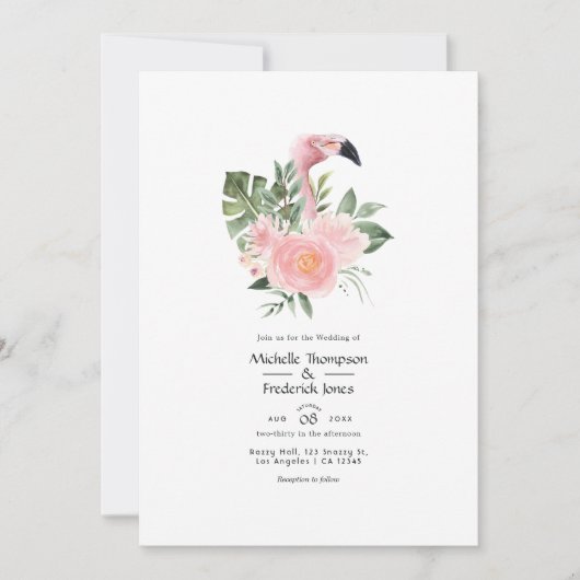 Exotic Tropical Pink Flamingo Wedding Einladung (Vorderseite)