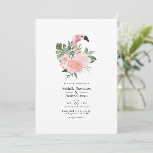 Exotic Tropical Pink Flamingo Wedding Einladung (Stehend Vorderseite)