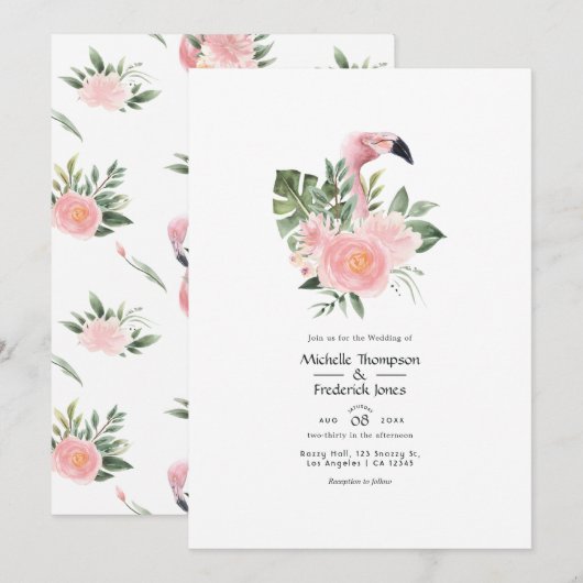 Exotic Tropical Pink Flamingo Wedding Einladung (Vorne/Hinten)