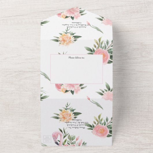 Exotic Tropical Pink Flamingo Wedding Monogram All In One Einladung (Außenbereich)
