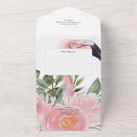 Exotic tropisch rosa Flamingo Wedding Monogram All All In One Einladung (Außenbereich)