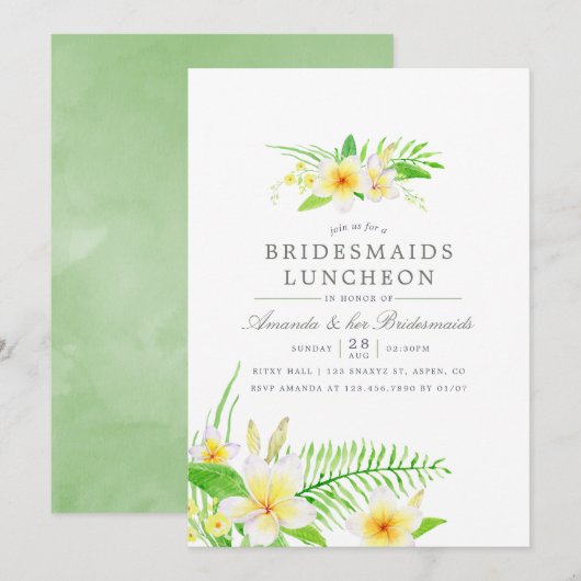 Exotic Watercolor Frangipani Bridesmaids Luncheon Einladung (Vorne/Hinten)