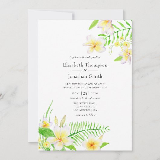 Exotic Watercolor Frangipani Floral Wedding Einladung (Vorderseite)