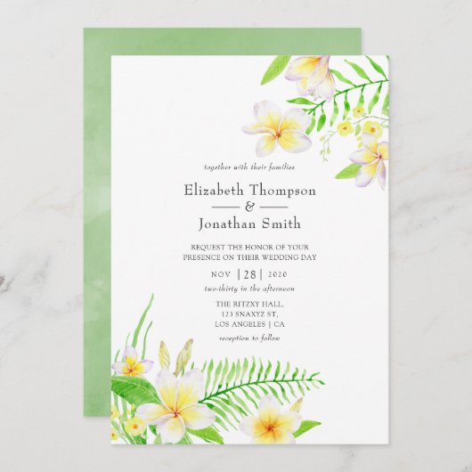 Exotic Watercolor Frangipani Floral Wedding Einladung (Vorne/Hinten)