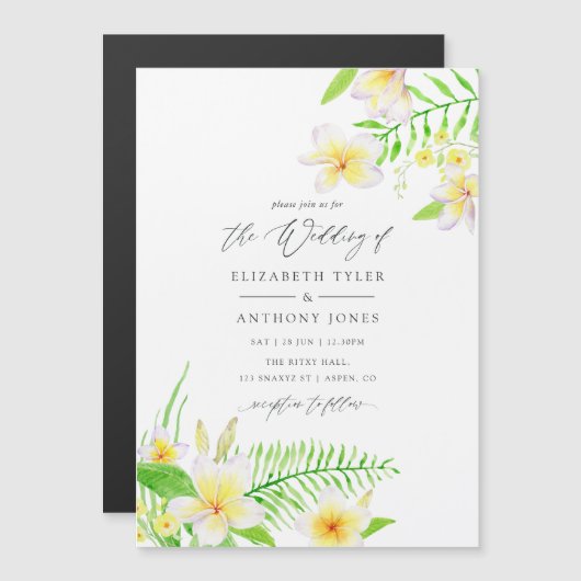 Exotic Watercolor Frangipani Floral Wedding Magneteinladung (Vorne/Hinten)