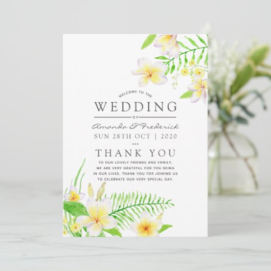 Exotic Watercolor Frangipani Floral Wedding Programm (Stehend Vorderseite)