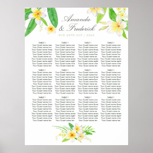 Exotic Watercolor Frangipani Hochzeitstabelle Poster (Vorne)