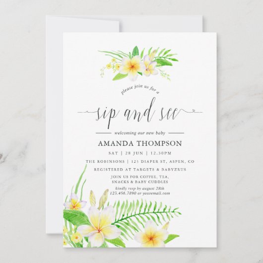 Exotic Watercolor Frangipani Sip & See Einladung (Vorderseite)