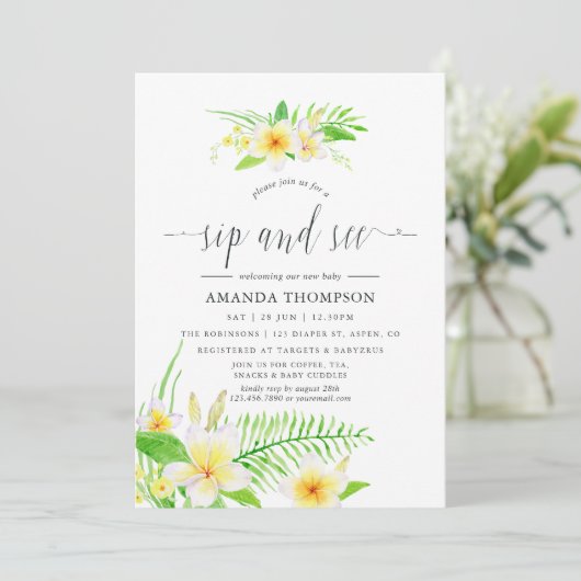 Exotic Watercolor Frangipani Sip & See Einladung (Stehend Vorderseite)