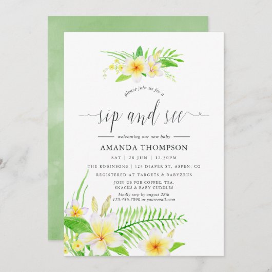 Exotic Watercolor Frangipani Sip & See Einladung (Vorne/Hinten)