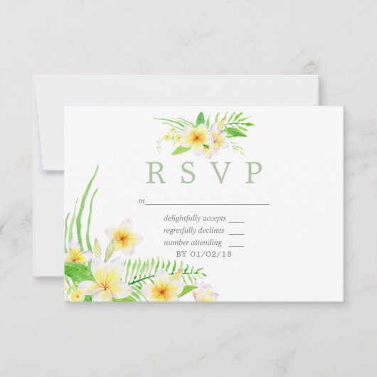 Exotic Watercolor Frangipani Wedding RSVP Karte (Vorderseite)