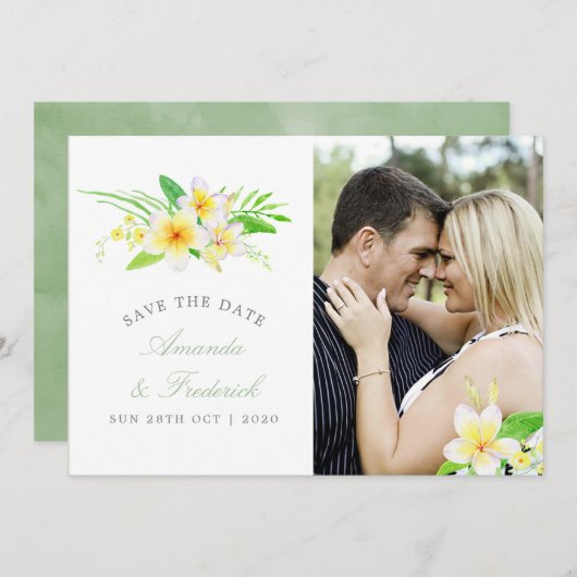 Exotic Watercolor Frangipani Wedding Save the Date (Vorne/Hinten)