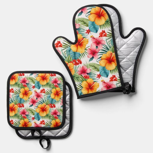 Exotic Watercolor Hawaiian Ofenhandschuh & Topflappen-Set (Vorderseite/Rückseite)