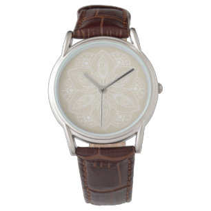 Exotic White Mandala auf Beige Hintergrund Armbanduhr