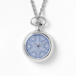 Exotic White Mandala auf Blue Background Armbanduhr