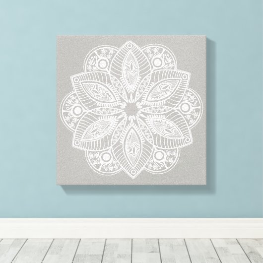 Exotic White Mandala auf grauem Hintergrund Leinwanddruck (Insitu (Holzboden))