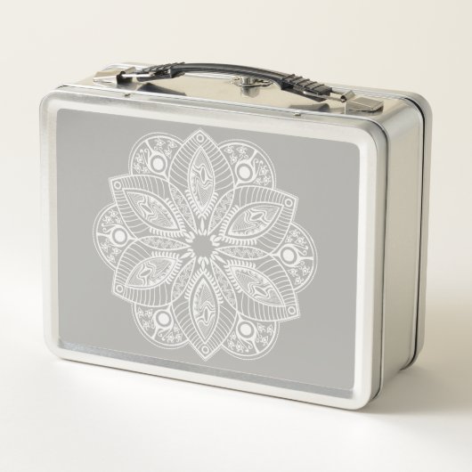 Exotic White Mandala auf grauem Hintergrund Metall Brotdose (Rückseite)