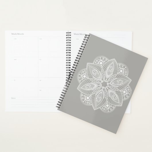 Exotic White Mandala auf grauem Hintergrund Planer (Anzeige)
