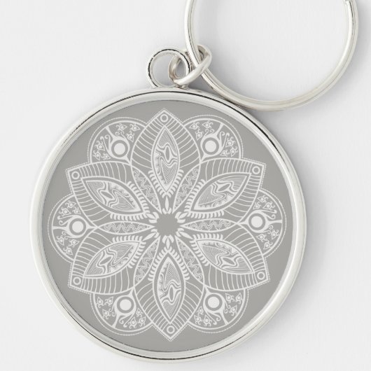 Exotic White Mandala auf grauem Hintergrund Schlüsselanhänger (Vorne)