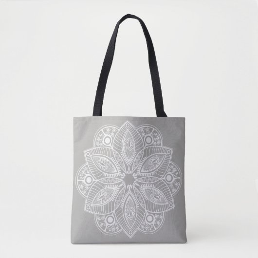 Exotic White Mandala auf grauem Hintergrund Tasche (Vorderseite)