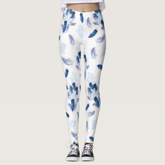 Exotic-White Parrot Blue Töne Wiederholungen Leggings (Vorderseite)