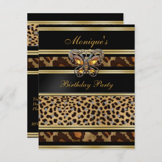 Exotic Wild Animal Prints Birthday Black Gold 2 Einladung (Vorne/Hinten)