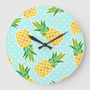 Exotische Ananas: Blue Polka-Dot Fun. Große Wanduhr
