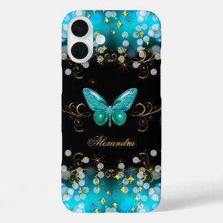 Exotische Aquamarine Blue Gold Black Butterfly-Gli iPhone 16 Plus Hülle