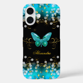 Exotische Aquamarine Blue Gold Black Butterfly-Gli iPhone 16 Hülle