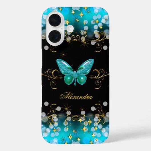 Exotische Aquamarine Blue Gold Black Butterfly-Gli Case-Mate iPhone Hülle (Rückseite)