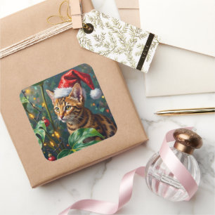 Exotische Bengal Katze Dschungel Weihnachten Spiel Quadratischer Aufkleber