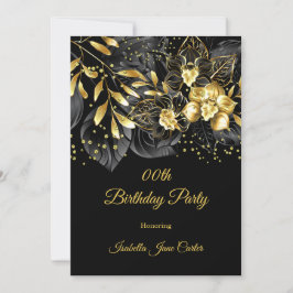 Exotische Black Floral Gold Geburtstagsparty Einladung