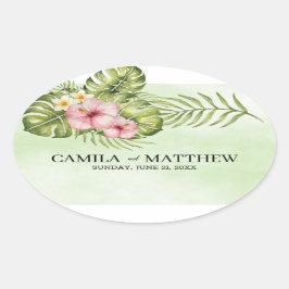 Exotische Blätter und Blume Ovaler Aufkleber