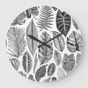 Exotische Blätter, vintage Blumenmuster in Schwarz Große Wanduhr