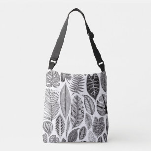 Exotische Blätter, vintage Blumenmuster in Schwarz Tragetaschen Mit Langen Trägern