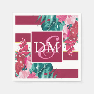 Exotische Blume aus Burgundy Monogram gestreift Serviette