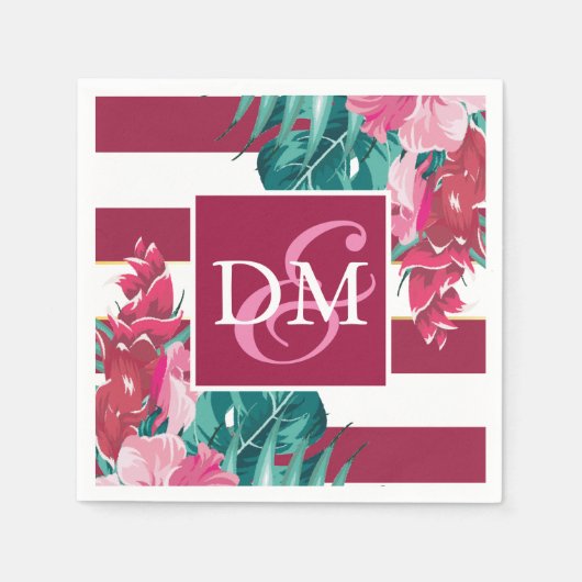 Exotische Blume aus Burgundy Monogram gestreift Serviette (Vorderseite)