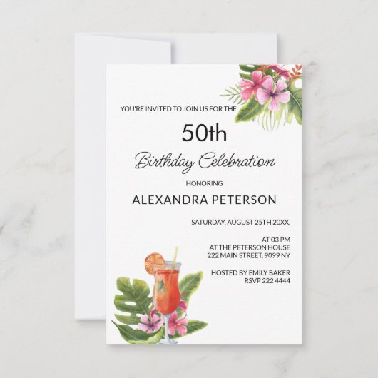 Exotische Blume & Cocktail Geburtstag Einladung (Vorderseite)