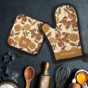 Exotische Blume im Herbst Anpassen von Monogramm Ofenhandschuh & Topflappen-Set