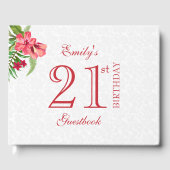 Exotische Blume in Rot und Rosa und weißer Damast Gästebuch (Vorderseite)